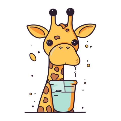 Giraffe drinking water from a bucket. Flat vector illustration.