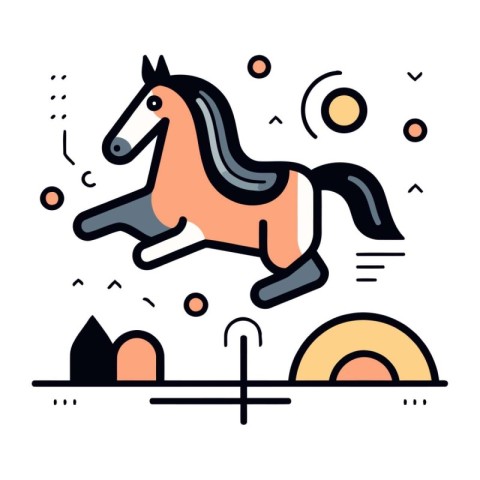 Vector illustration in flat line style. Horse jumping on the fie