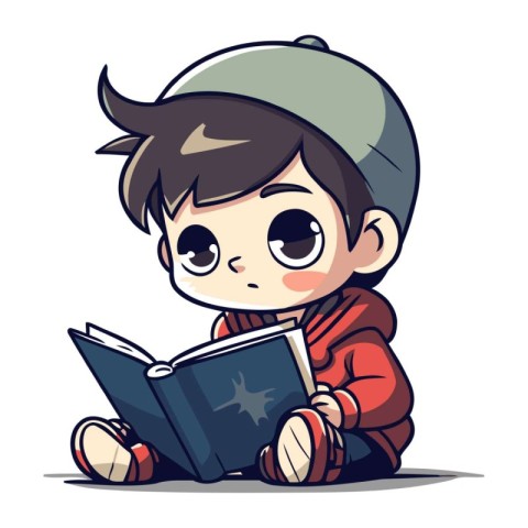 Cute cartoon boy reading a book. Vector illustration isolated on