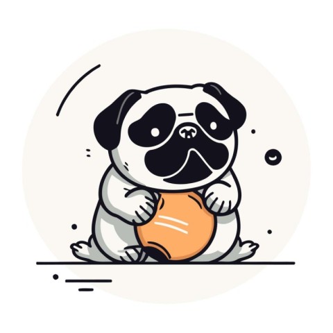 Cute pug dog playing with a ball. Vector illustration.