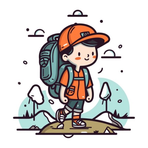 Cute little boy with backpack hiking in mountains. Vector illust