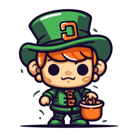 Leprechaun boy with pot of gold. Vector illustration.