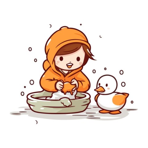 Cute little boy playing with duckling in the basin. Vector illus