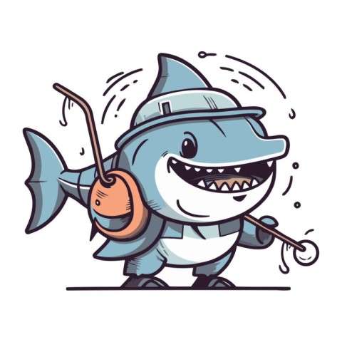 Cartoon shark with fishing rod and fishing rod. Vector illustrat