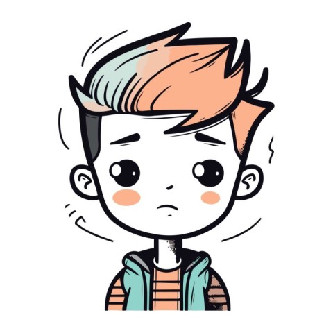 Cute cartoon boy with angry expression. Vector illustration on w