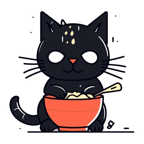 Cute black cat with bowl of cereals. Vector illustration.