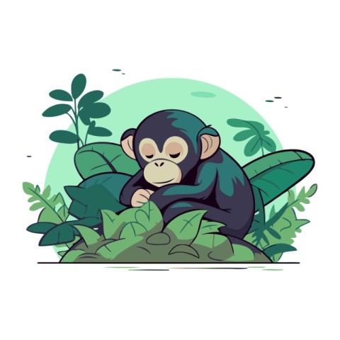 Chimpanzee sitting on a rock in the jungle. Vector illustration.