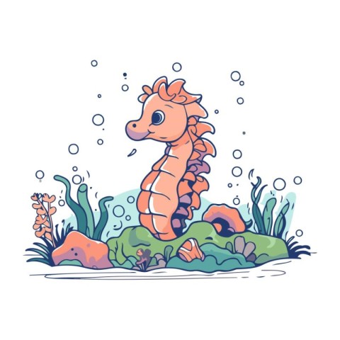 Cute cartoon seahorse in the sea. Vector illustration.