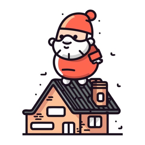 Vector illustration of a funny santa claus on the roof of a hous