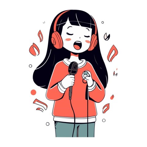 Cute little girl singing karaoke in headphones. Vector illustrat