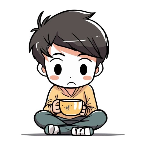 Boy drinking coffee. Vector illustration of a boy sitting with a