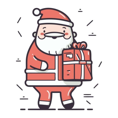 Santa Claus with gift box. Vector illustration in doodle style.