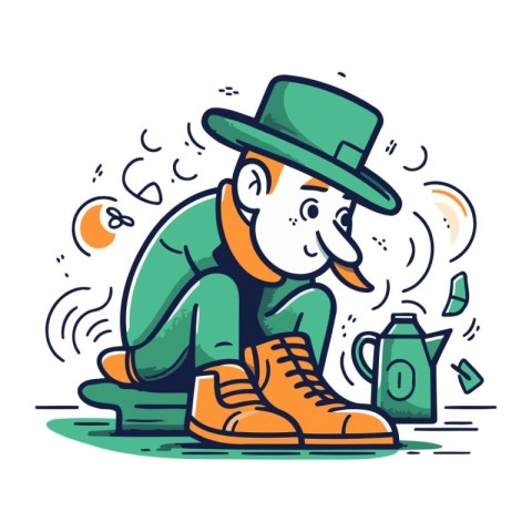 Vector illustration of a happy leprechaun sitting on the floor.