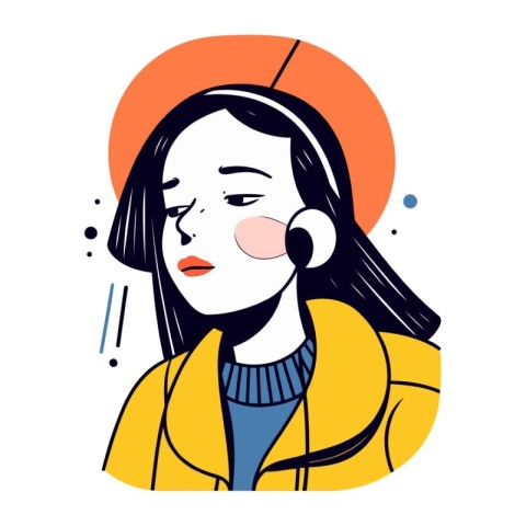 Vector illustration of a girl in a yellow coat listening to musi