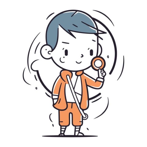 Boy holding magnifying glass. Vector illustration in thin line s