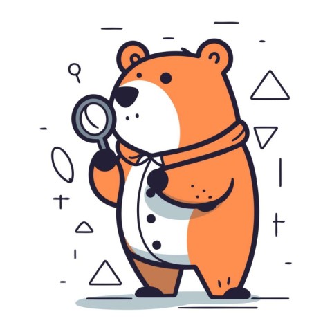 Cute bear with magnifying glass. Vector illustration in thin lin