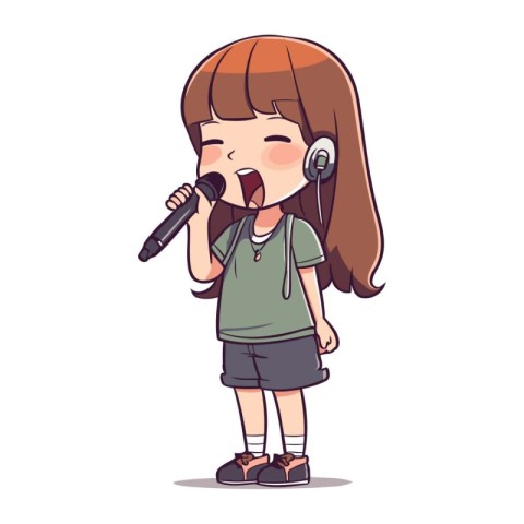 Cute little girl singing karaoke with microphone. Vector illustr