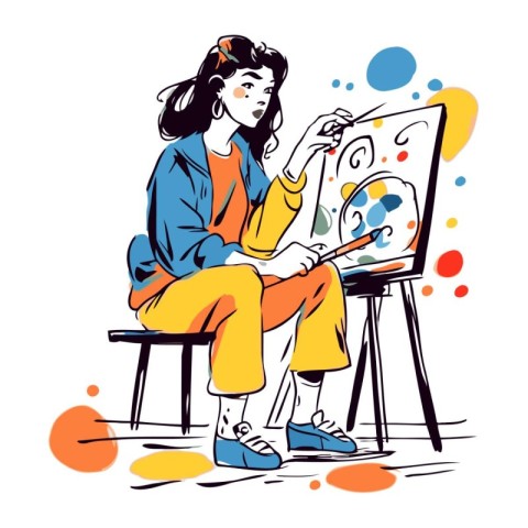 Vector hand drawn illustration of a young woman painter sitting