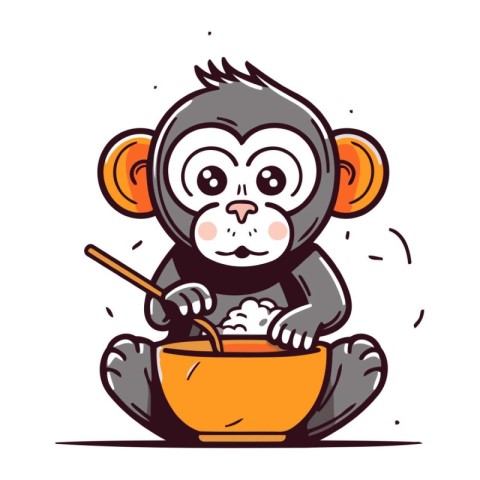 Cute monkey with a bowl of rice. Vector cartoon illustration.