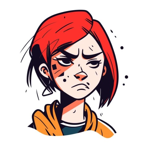 Vector illustration of a sad girl with red hair in a yellow rain