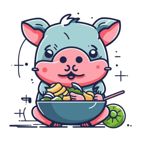 Cute hippo eating vegetables in a bowl. Vector illustration.