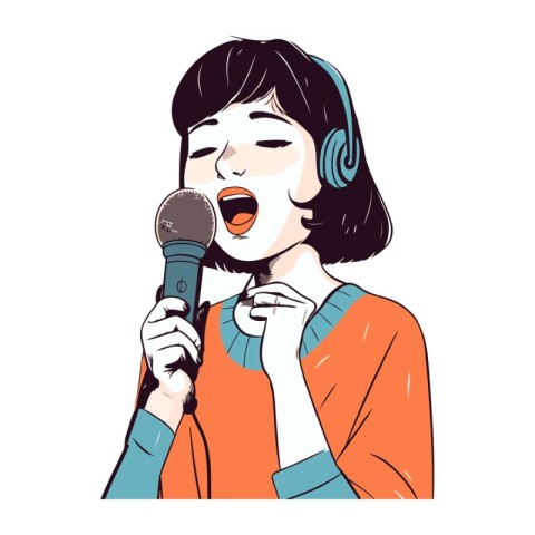 Beautiful girl singing karaoke with microphone. Vector illustrat