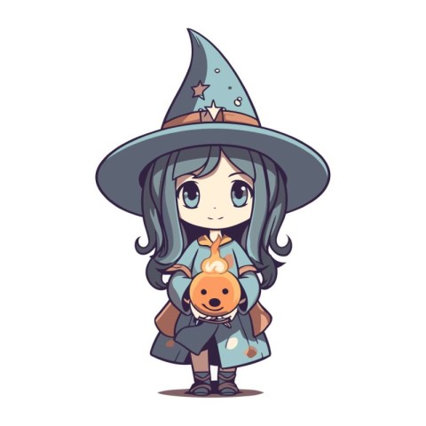 Cute little witch with a piggy bank. Vector illustration.