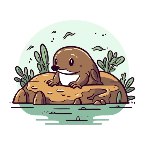 Cute cartoon sea otter sitting on the rock. Vector illustration.