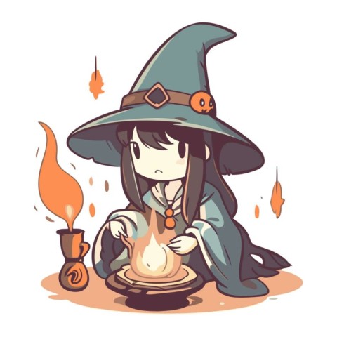 Illustration of a cartoon witch with a candle in her hand.