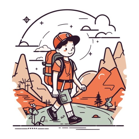 Vector illustration of a boy with a backpack hiking in the mount