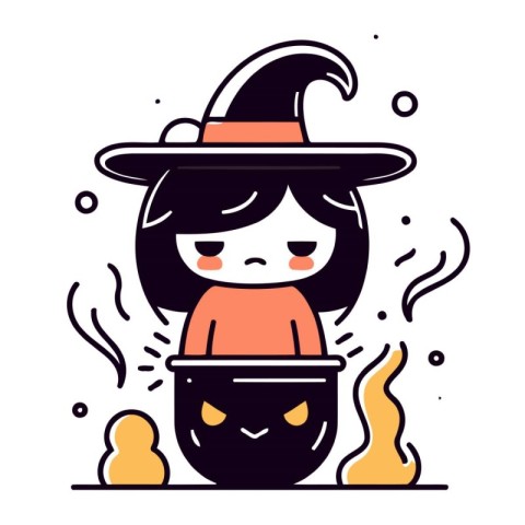 Cute little witch in a cauldron. Vector line illustration.