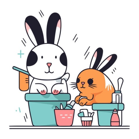 Cute rabbit and hare in the bathroom. Vector illustration.