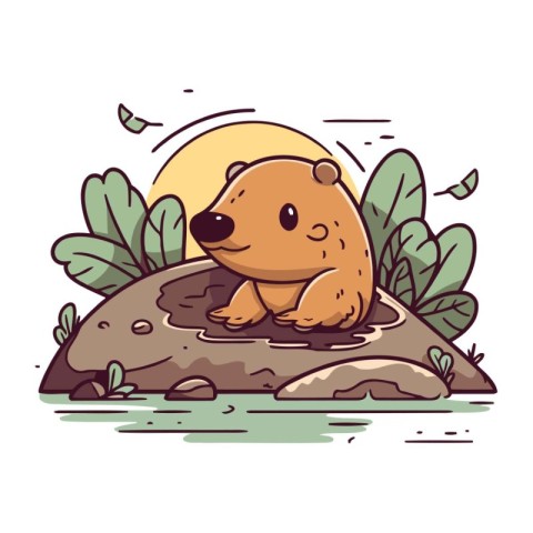 Cute cartoon beaver sitting on the rock. vector illustration.