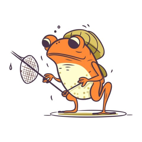 Frog playing badminton. Vector illustration in cartoon style.