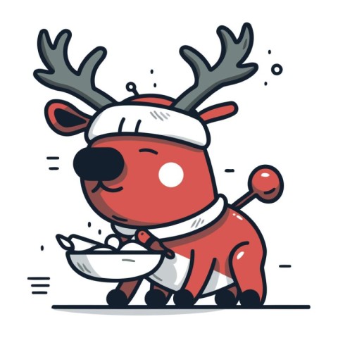 Cute reindeer with a plate of food. Vector illustration.