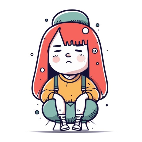 Sad little girl sitting on the floor. Vector illustration in car