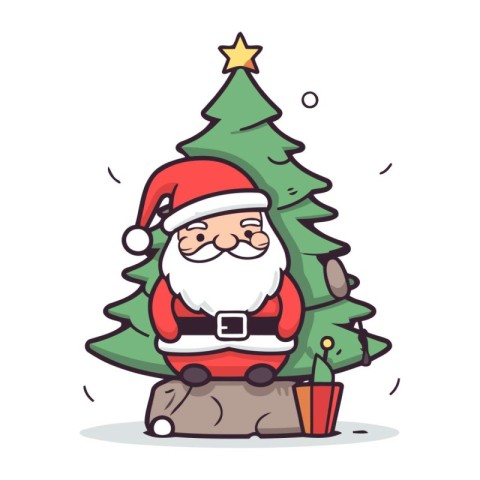 Santa Claus sitting on a rock under a Christmas tree. Vector ill