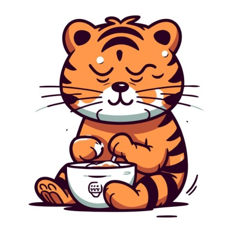 Cute tiger with a bowl of hot tea. Vector illustration.