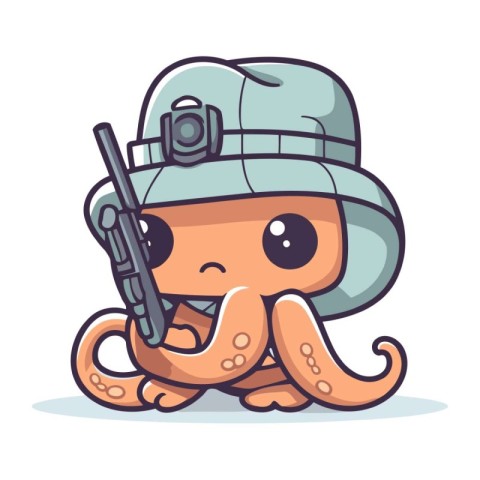 Cute cartoon octopus in a hat with a rifle. Vector illustration.