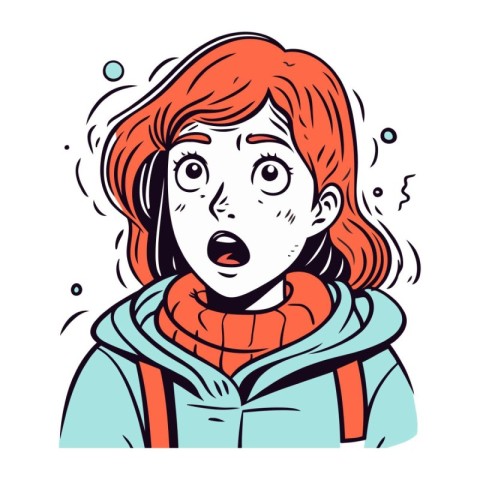 Surprised redhead girl in winter clothes. Vector illustration.