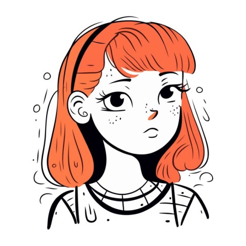 Vector illustration of a sad girl with red hair on white backgro