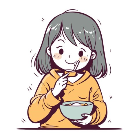 Illustration of a little girl eating a bowl of cereals.