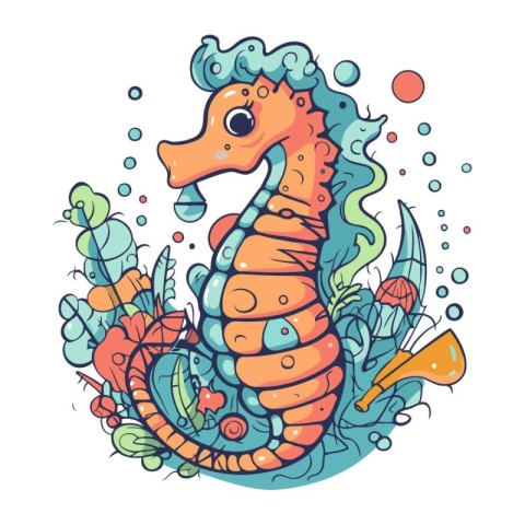 Cute cartoon sea horse. Colorful vector illustration for your de