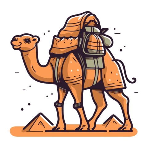 Camel with backpack and pyramids. Vector illustration in cartoon