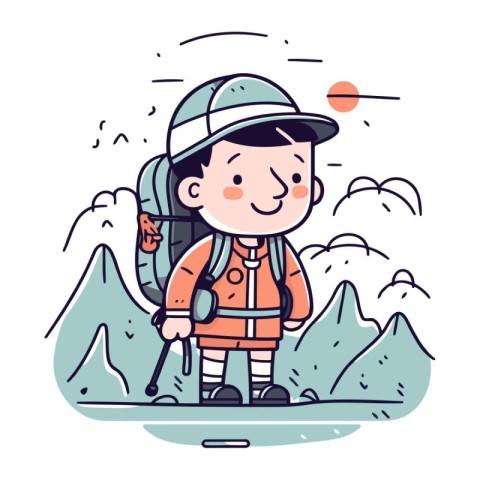 Cute boy with backpack hiking in mountains. Vector cartoon illus