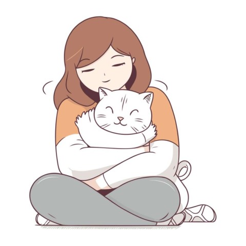 Illustration of a girl with a cat on a white background.