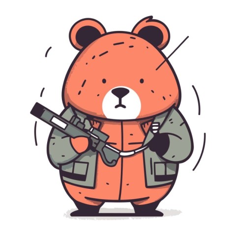 Cute cartoon bear in winter jacket with rifle. Vector illustrati