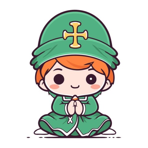 Cute little boy in green christian costume. Vector illustration.