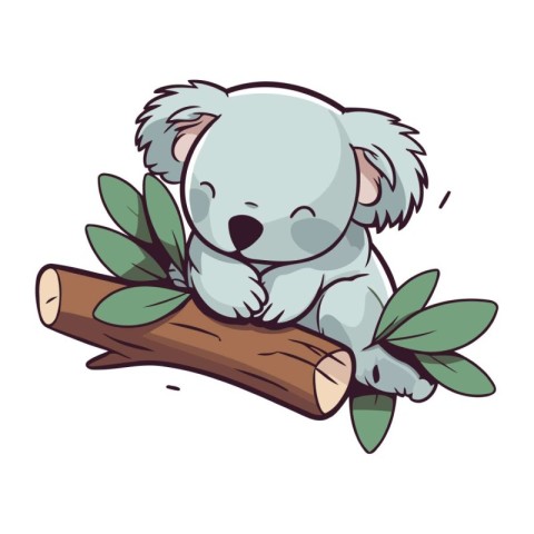 Cute koala sitting on a log with leaves. Vector illustration.