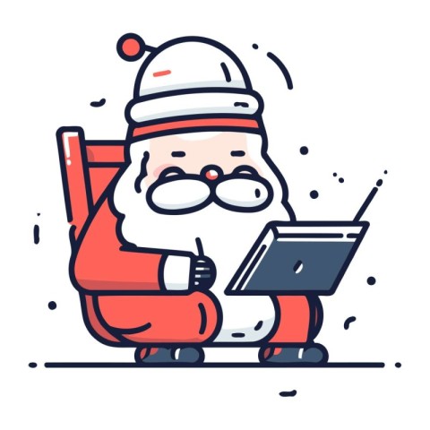 Santa Claus working on laptop. Vector illustration in line art s